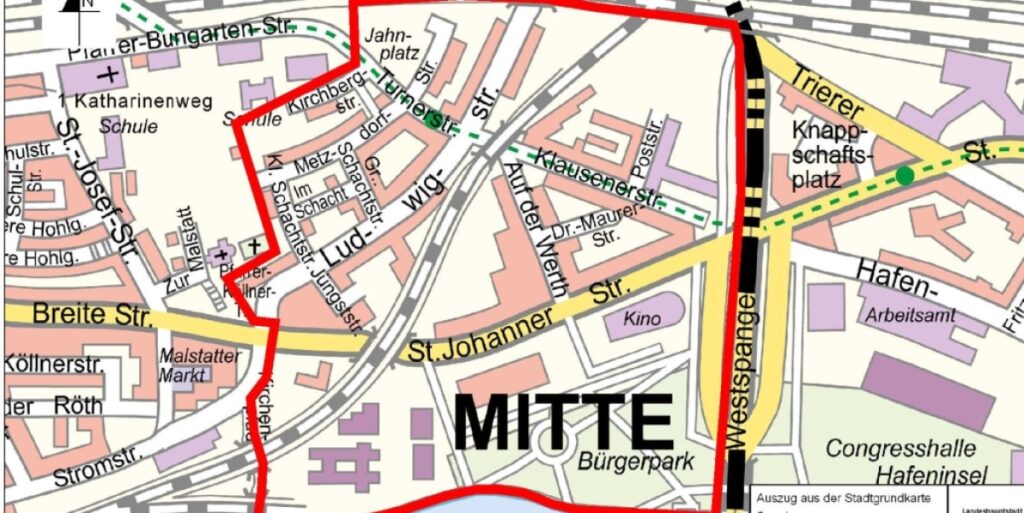 Evakuierungsgebiet ohne 300m Radius - Kartenauszug der LHS Saarbrücken